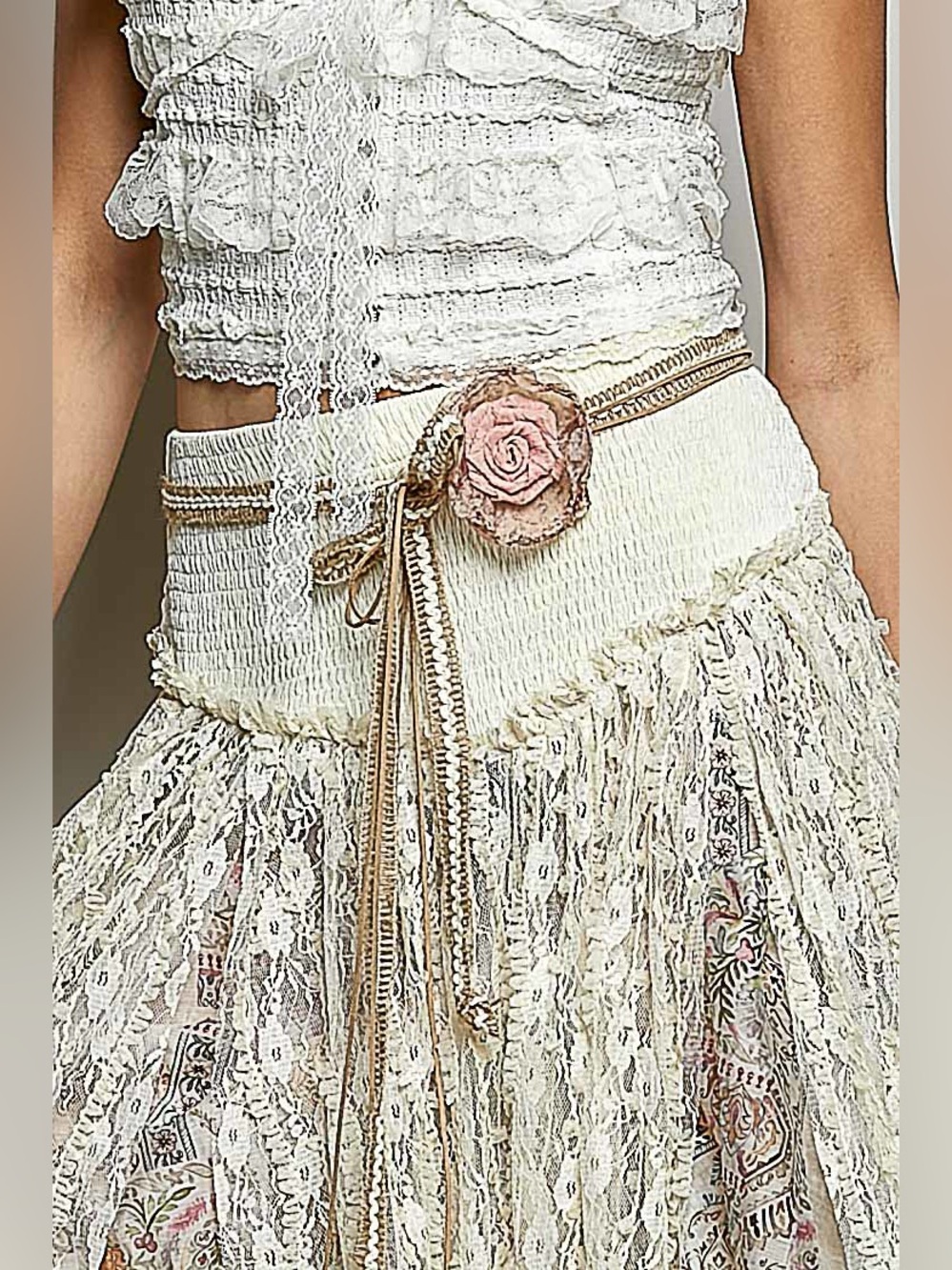 POL Cream Lace Waist Belt choker with Pink Rose flower boho